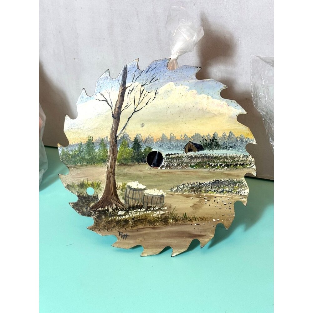 Hand-Painted Landscape Art On Vintage Saw Blade - Tree Barrels Rural Scene - Picture 12 of 12
